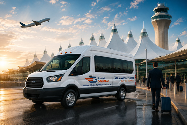 A blue shuttle van parked at Denver Airport with a plane in flight above