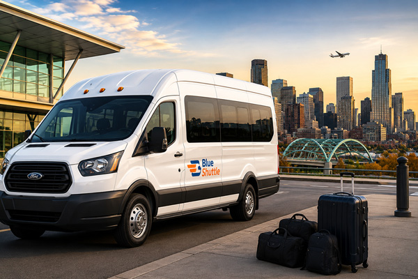 Man with suitcase next to car at Denver Airport ready to use Blue Shuttle Van